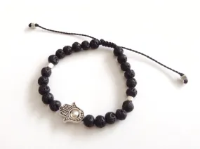 Hamsa men bracelet, men black bead bracelet, Hamsa Bracelet Black lava stone, lucky jewelry, mens jewelry, Black Lava Rock Bracelet, for him