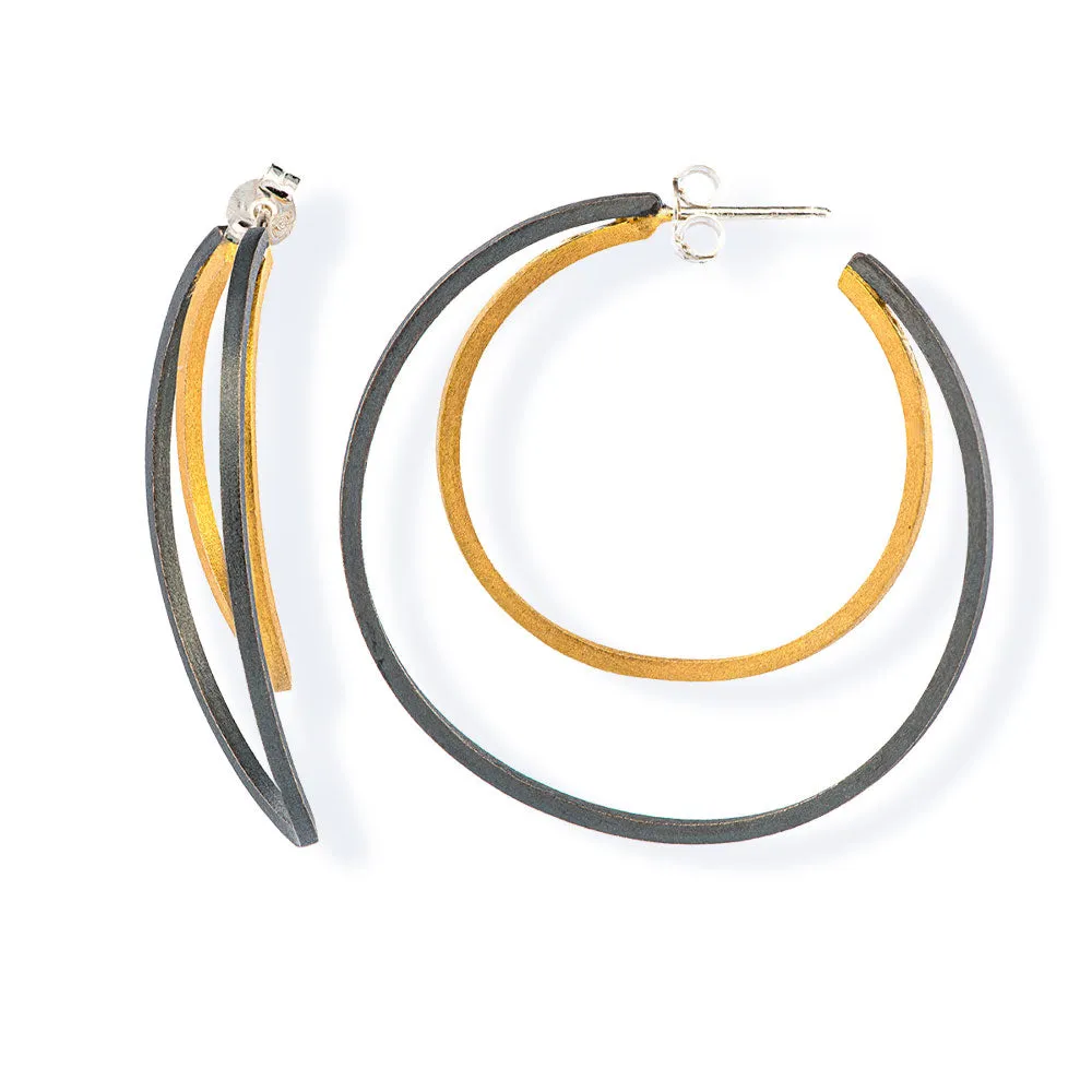 Handmade Gold & Black Plated Silver Hoop Earrings Double Circles