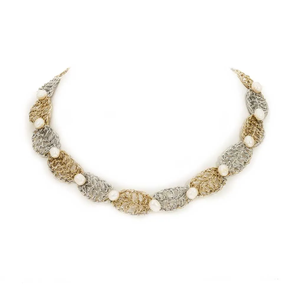 Handmade Gold & Silver Plated Crochet Choker Necklace with Pearls