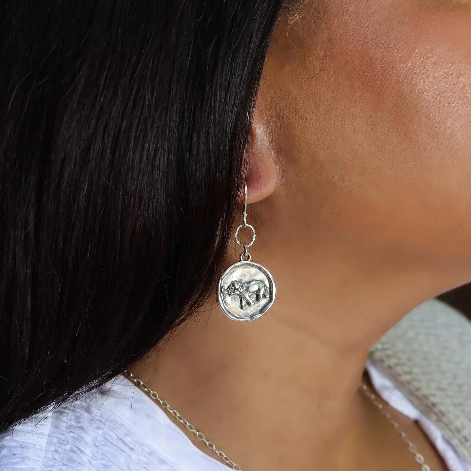 Happy Elephant Silver Coin Earrings