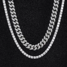 Iced Out Cuban Link Chain and Tennis Chain Set in White Gold KRKC