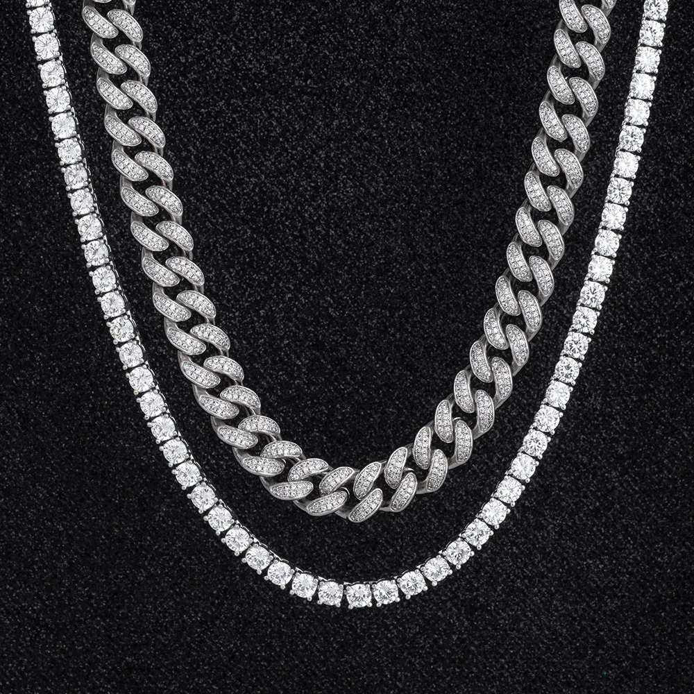 Iced Out Cuban Link Chain and Tennis Chain Set in White Gold KRKC