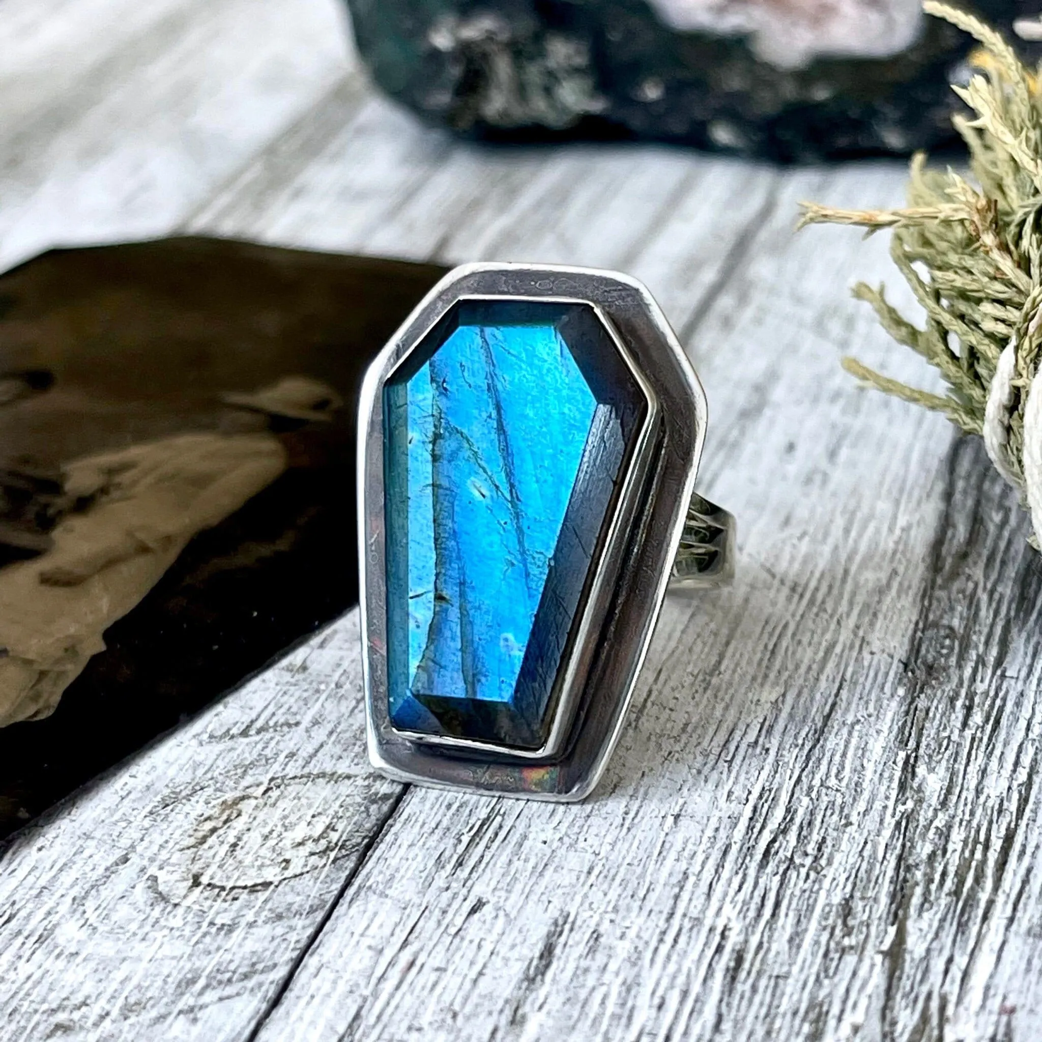 Labradorite Coffin Ring in Solid Sterling Silver- Designed by FOXLARK Collection Size 6 7 8 9 10 / Big Crystal Ring Witchy Jewelry