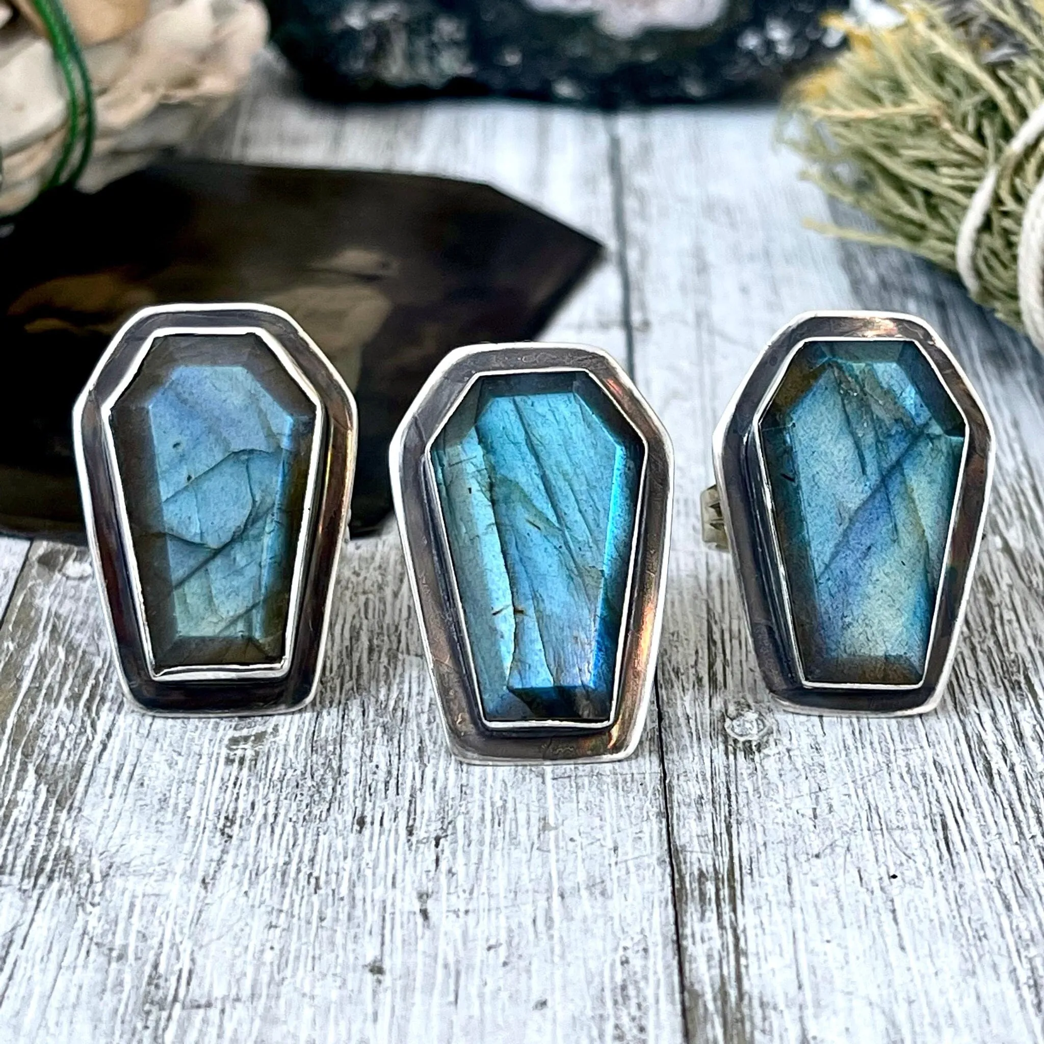 Labradorite Coffin Ring in Solid Sterling Silver- Designed by FOXLARK Collection Size 6 7 8 9 10 / Big Crystal Ring Witchy Jewelry