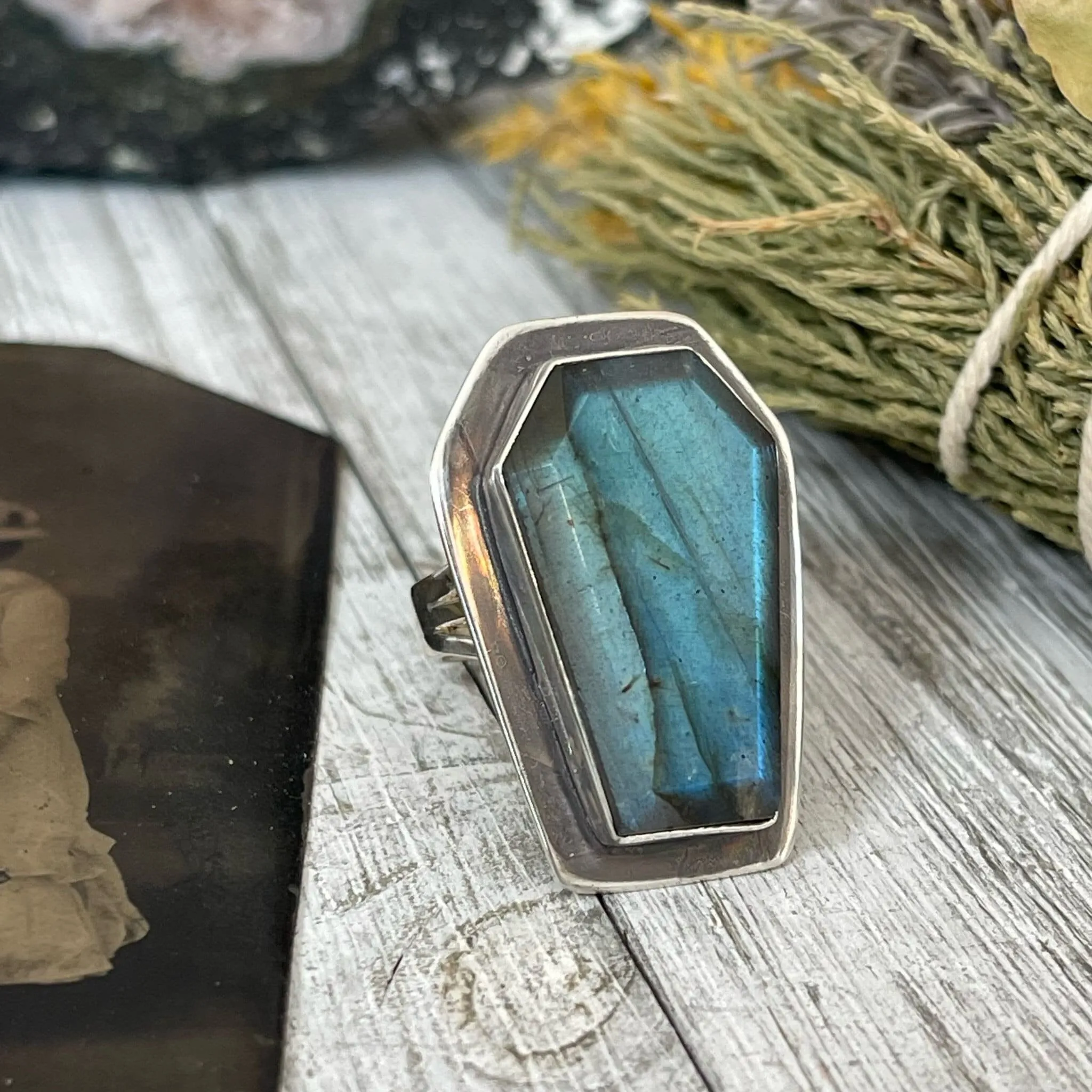 Labradorite Coffin Ring in Solid Sterling Silver- Designed by FOXLARK Collection Size 6 7 8 9 10 / Big Crystal Ring Witchy Jewelry