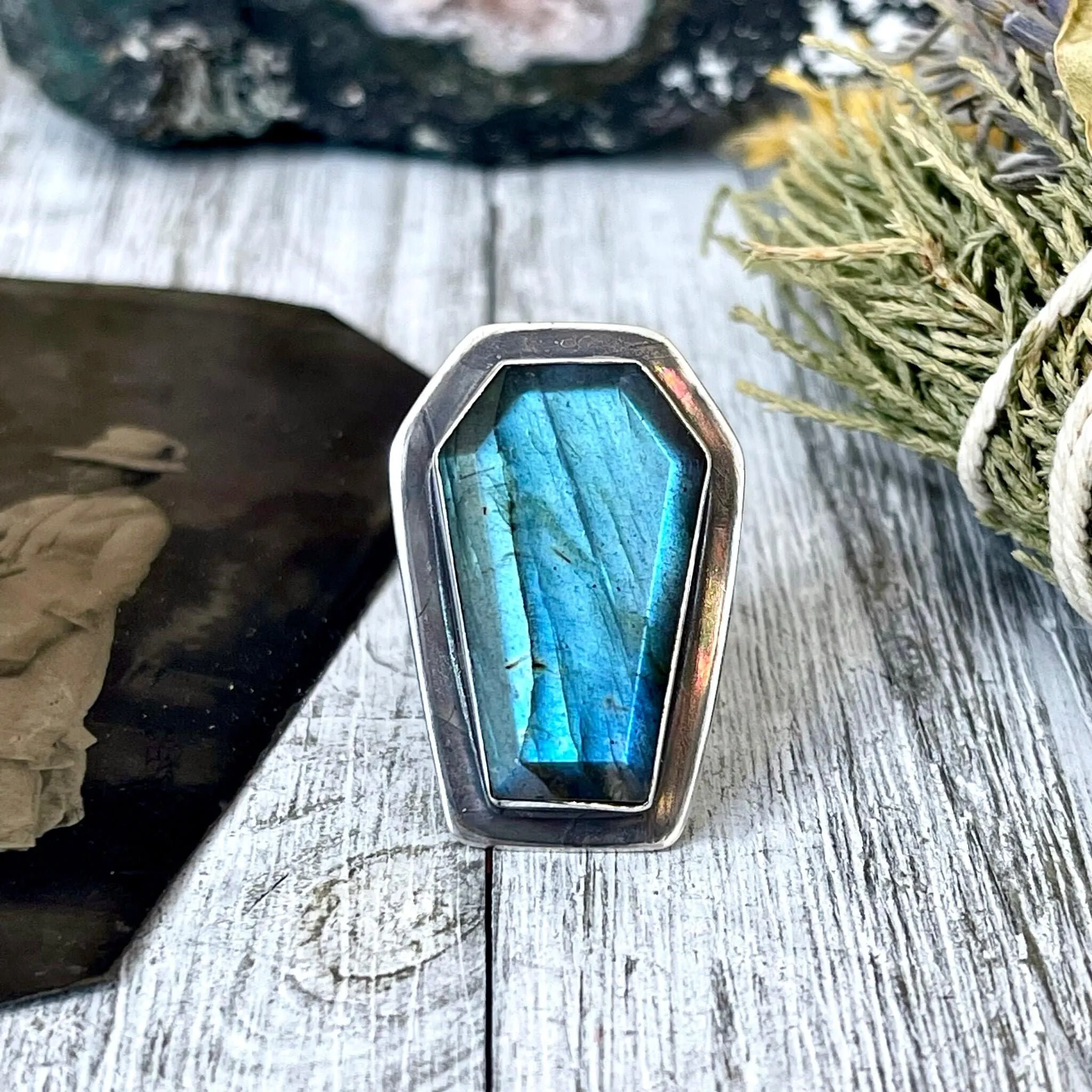 Labradorite Coffin Ring in Solid Sterling Silver- Designed by FOXLARK Collection Size 6 7 8 9 10 / Big Crystal Ring Witchy Jewelry