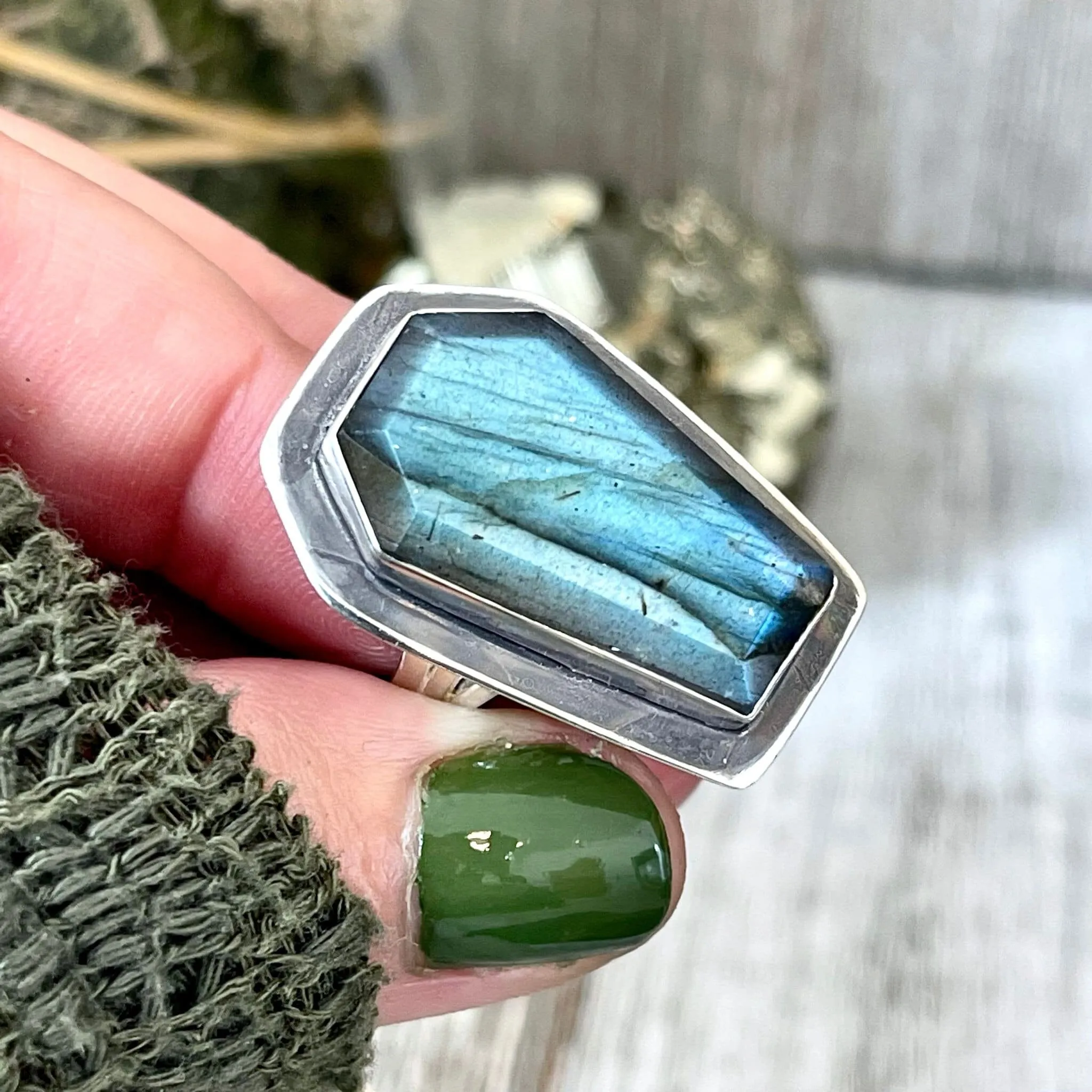 Labradorite Coffin Ring in Solid Sterling Silver- Designed by FOXLARK Collection Size 6 7 8 9 10 / Big Crystal Ring Witchy Jewelry