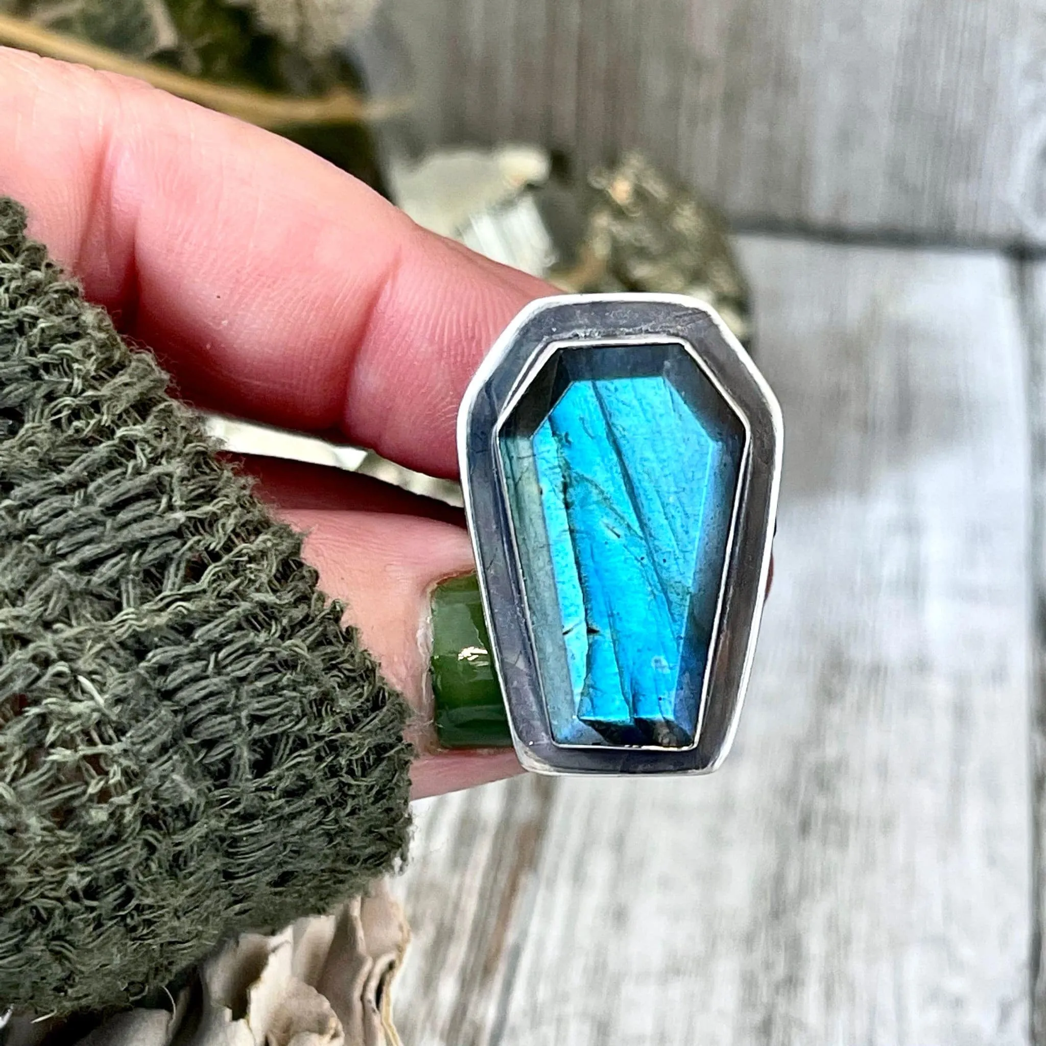 Labradorite Coffin Ring in Solid Sterling Silver- Designed by FOXLARK Collection Size 6 7 8 9 10 / Big Crystal Ring Witchy Jewelry