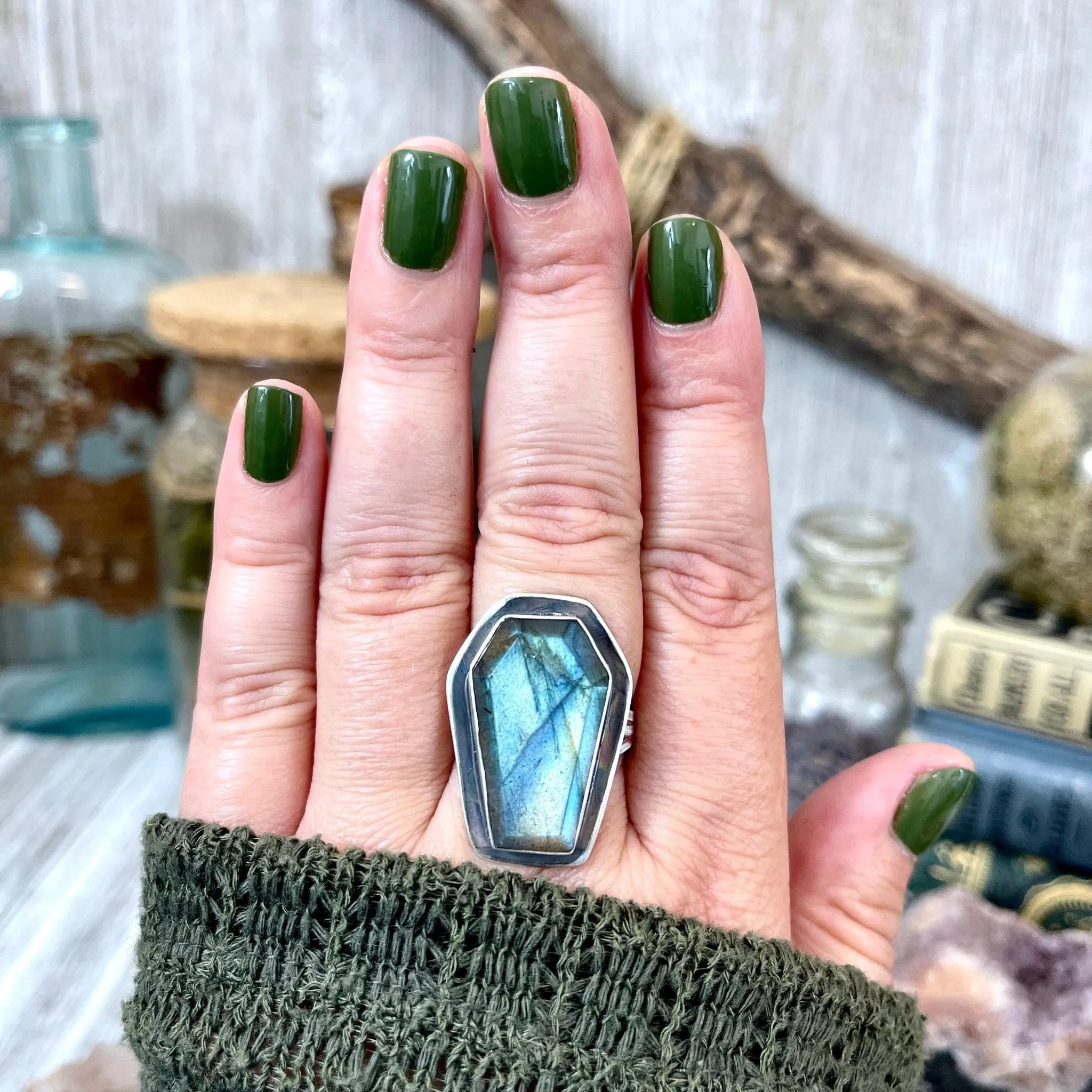 Labradorite Coffin Ring in Solid Sterling Silver- Designed by FOXLARK Collection Size 6 7 8 9 10 / Big Crystal Ring Witchy Jewelry