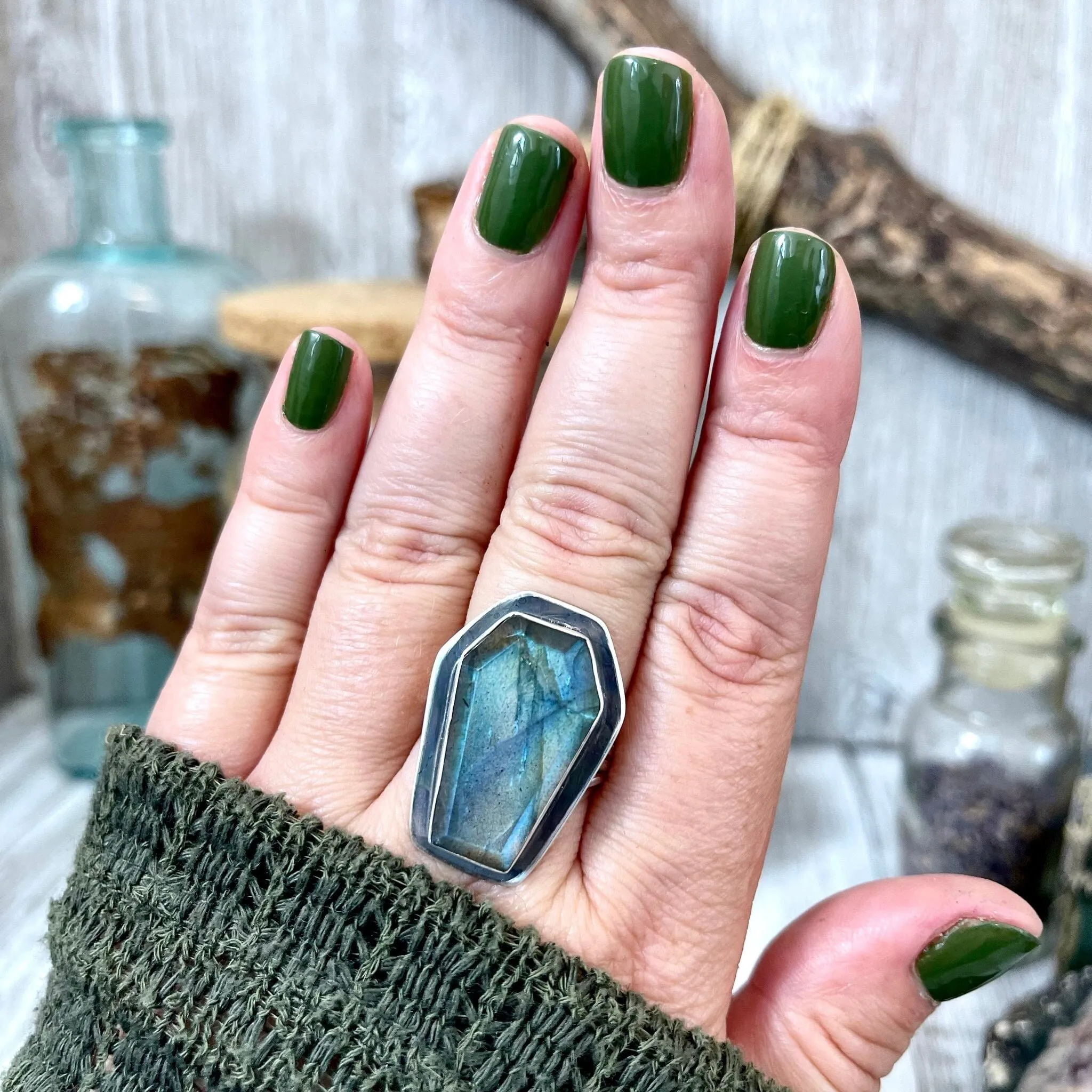 Labradorite Coffin Ring in Solid Sterling Silver- Designed by FOXLARK Collection Size 6 7 8 9 10 / Big Crystal Ring Witchy Jewelry