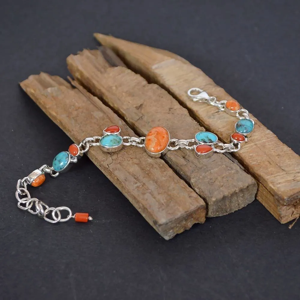 Lovely Real Arizona Turquoise, Coral Gemstone Sterling Silver Birthstone Bracelet