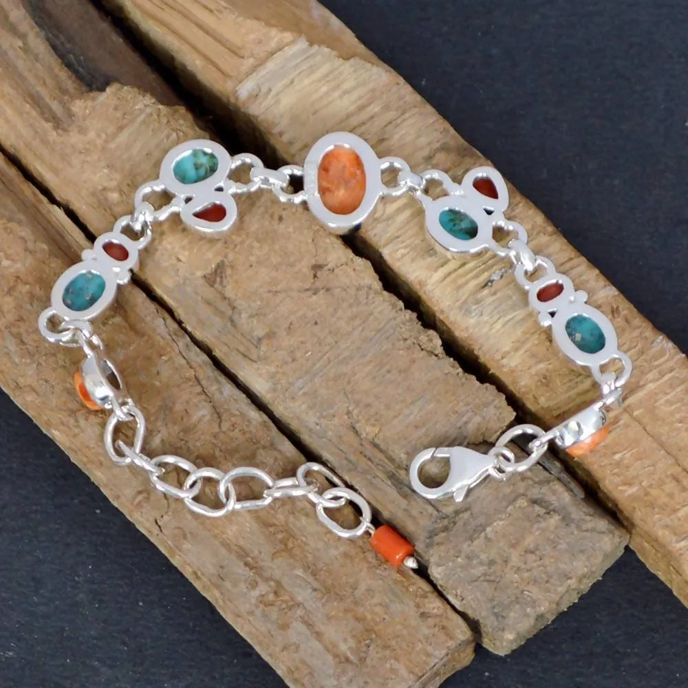 Lovely Real Arizona Turquoise, Coral Gemstone Sterling Silver Birthstone Bracelet