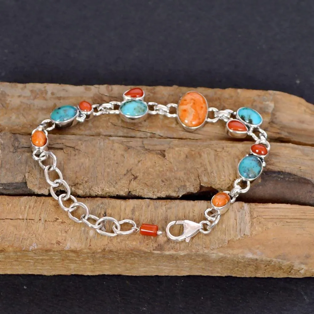 Lovely Real Arizona Turquoise, Coral Gemstone Sterling Silver Birthstone Bracelet