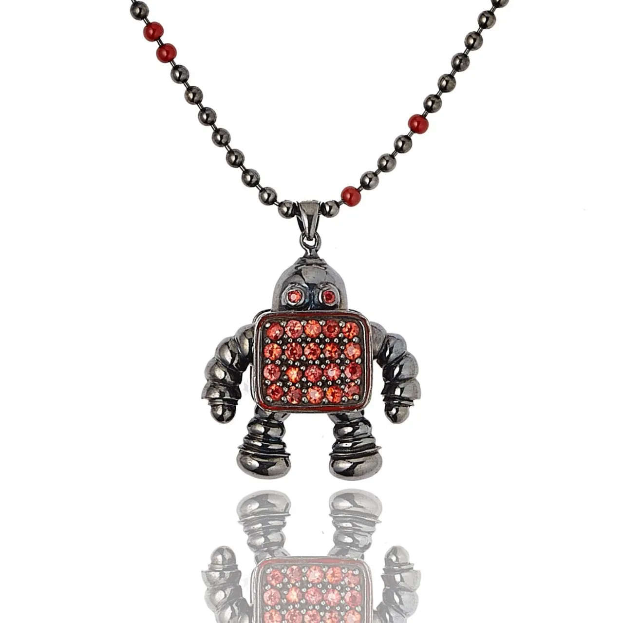 MCL Design Sterling Silver Robot Pendant with True Red Enamel & Red Sapphires