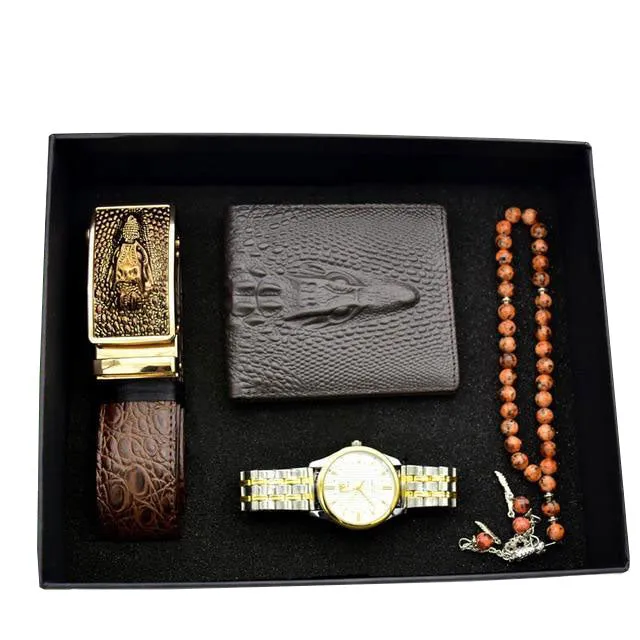 Men Stainless Steel Quartz Watch, Belt, Folding Wallet, and Rosary or Pen Gift Set