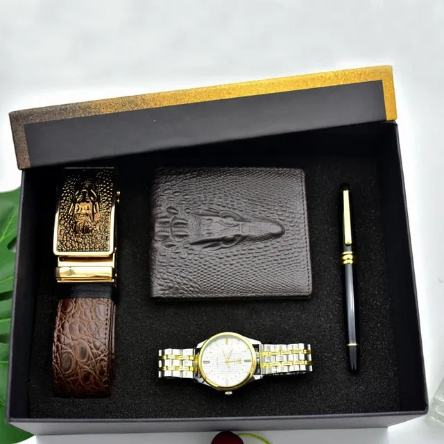 Men Stainless Steel Quartz Watch, Belt, Folding Wallet, and Rosary or Pen Gift Set