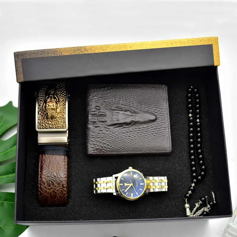 Men Stainless Steel Quartz Watch, Belt, Folding Wallet, and Rosary or Pen Gift Set