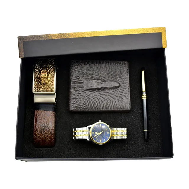 Men Stainless Steel Quartz Watch, Belt, Folding Wallet, and Rosary or Pen Gift Set