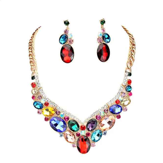 Oval Glass Crystal Evening Necklace