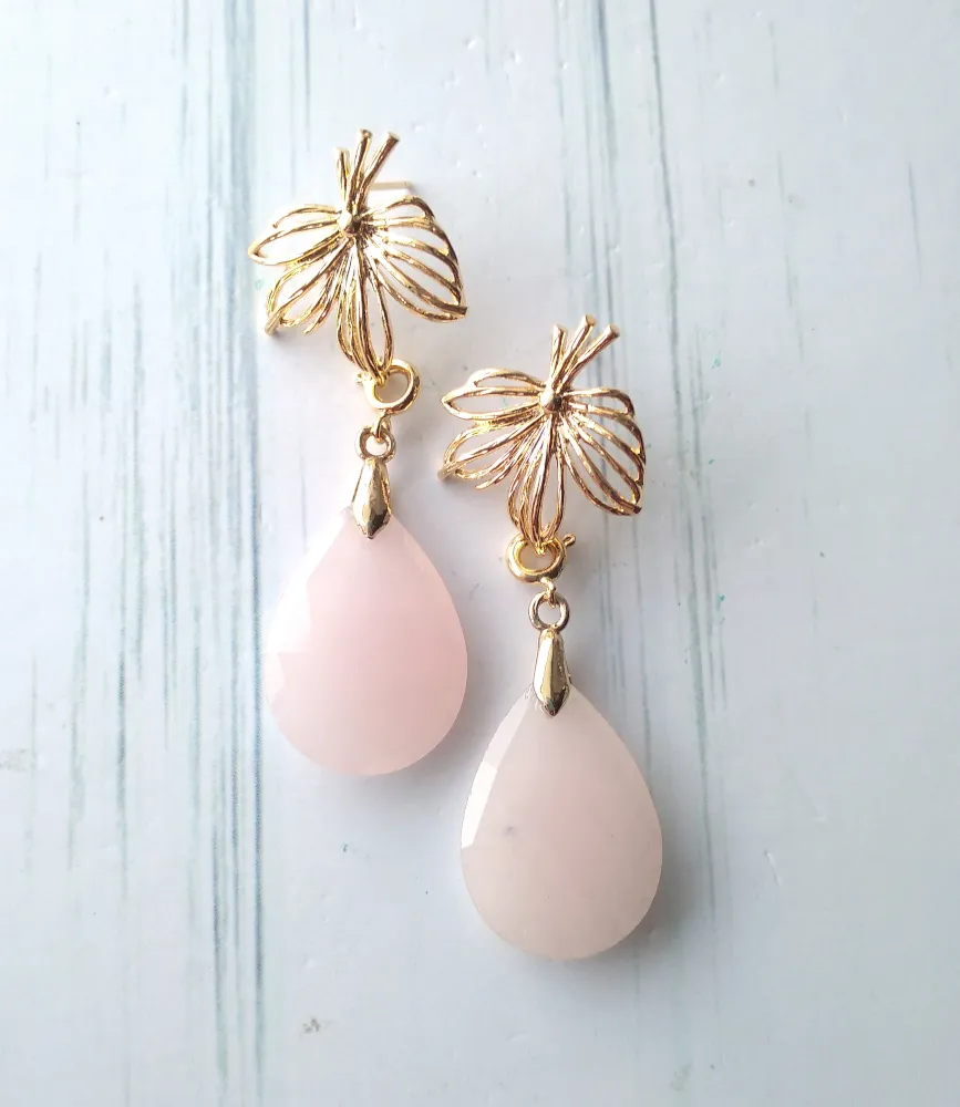 Patty Brass Stud with Rose Quartz Long Drop Earrings