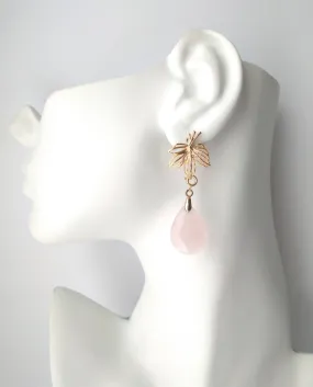 Patty Brass Stud with Rose Quartz Long Drop Earrings