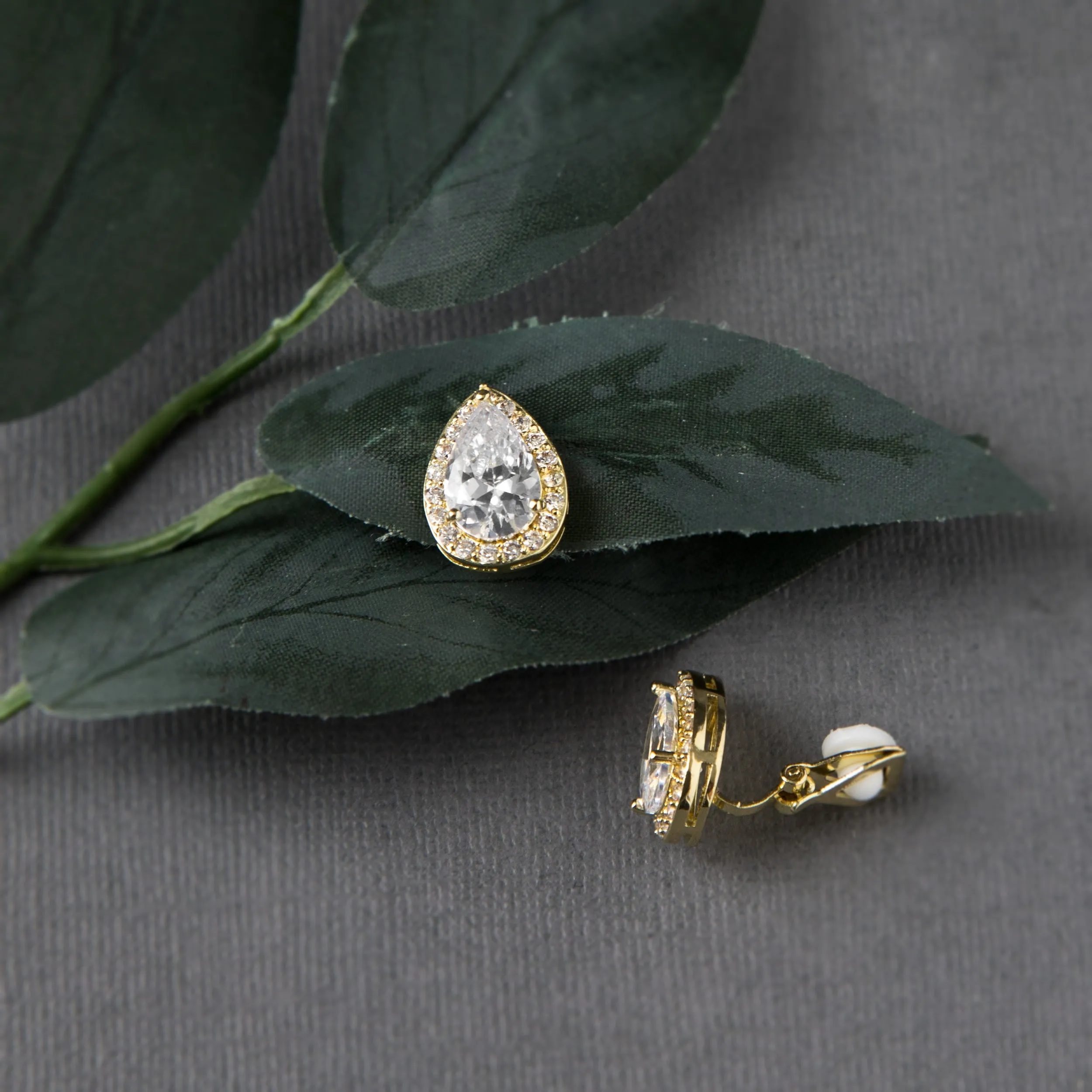 Pave Pear Clip-On Crystal Earrings