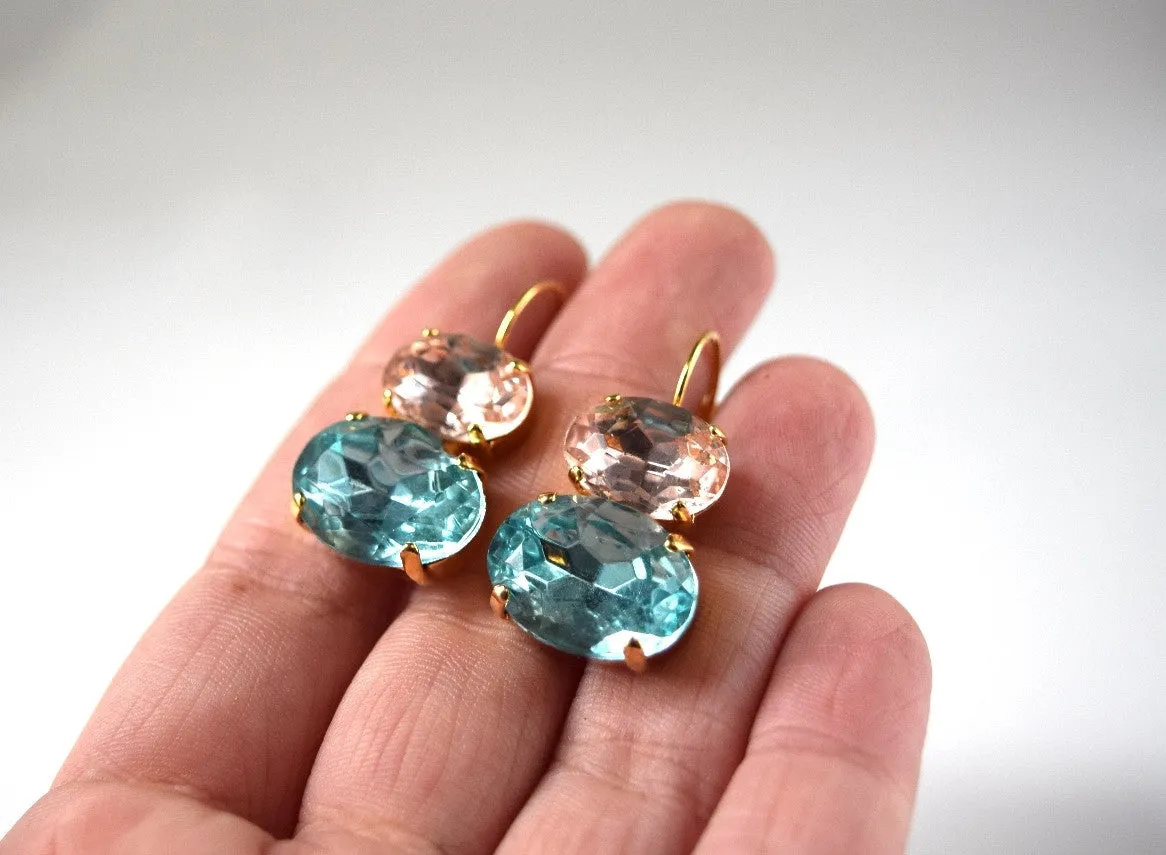 Pink and Aqua Crystal Earrings, 18th Century Style Earrings