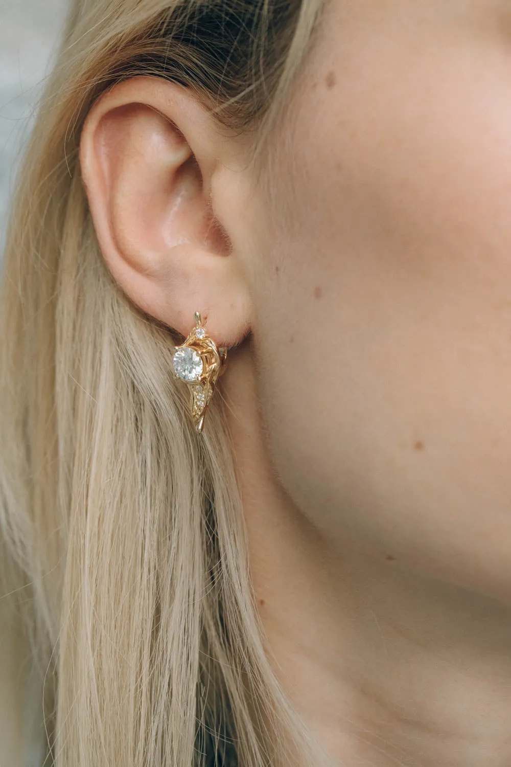 READY TO SHIP: 1 carat moissanite Undina earrings, yellow gold dainty leaf earrings with moissanites