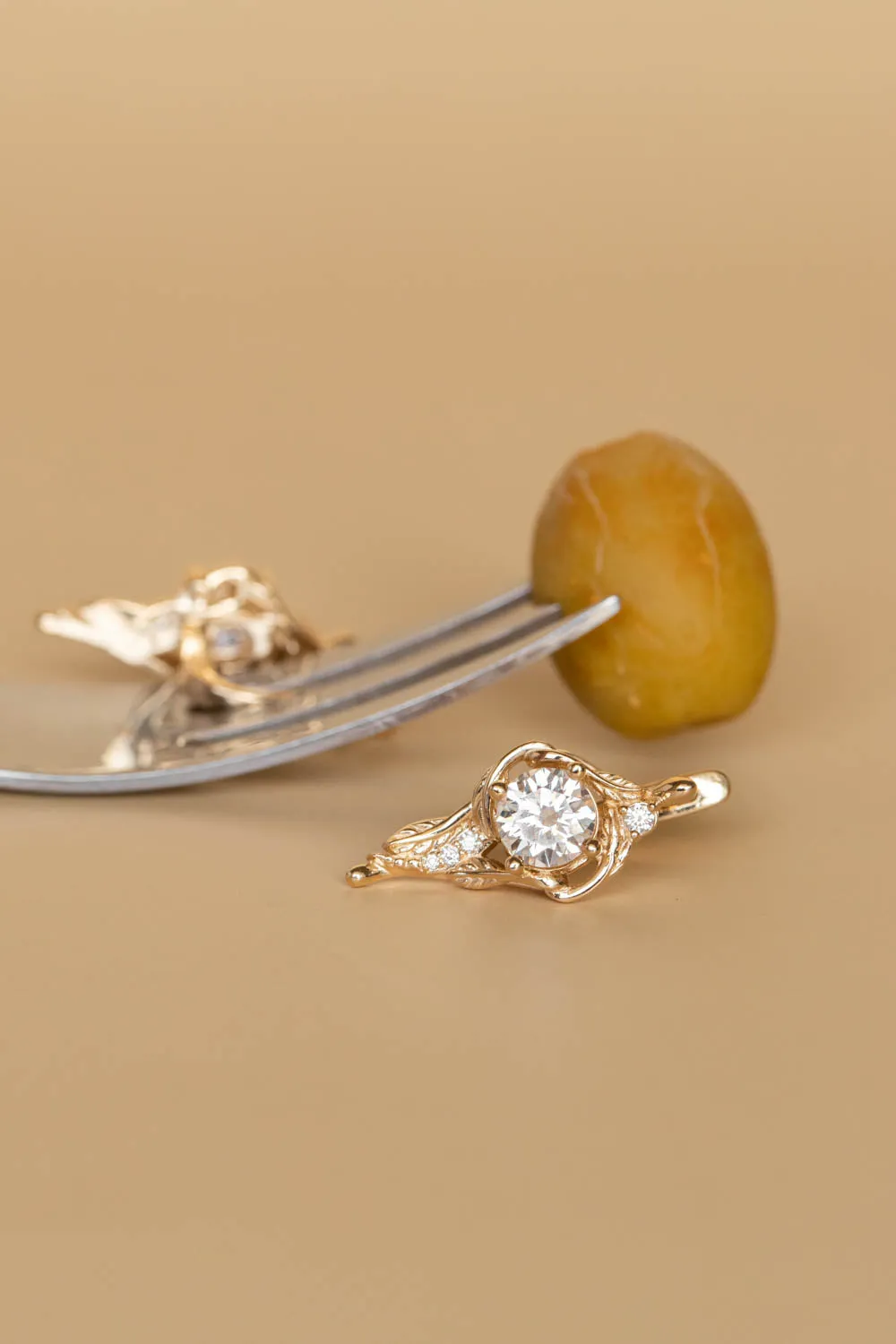 READY TO SHIP: 1 carat moissanite Undina earrings, yellow gold dainty leaf earrings with moissanites