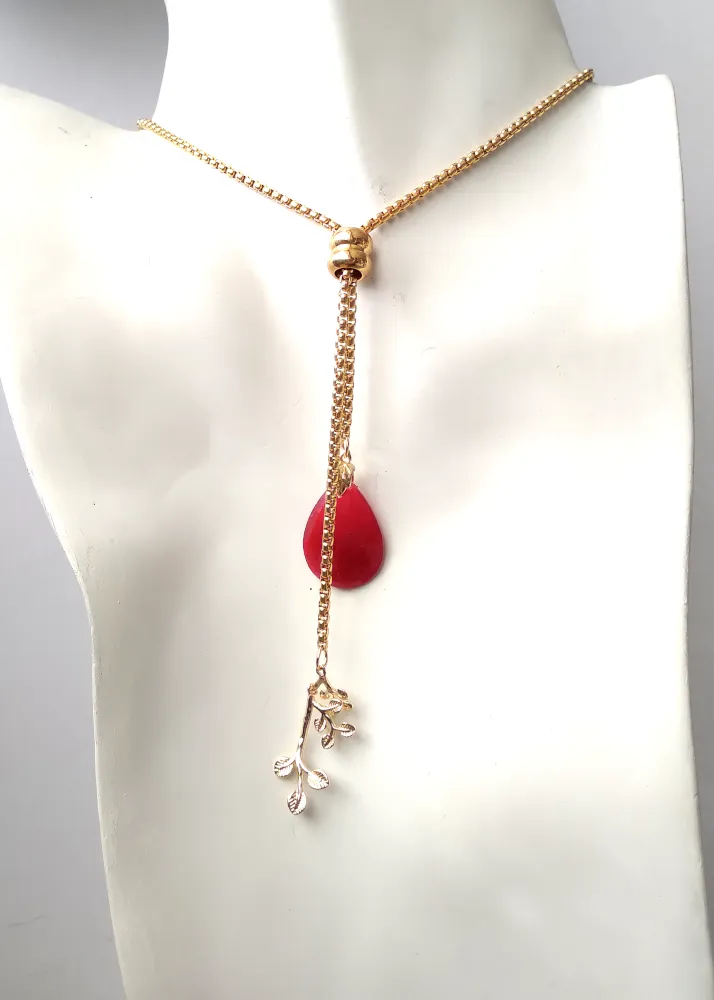 Red Jade & Branches with Leaves Slider Necklace