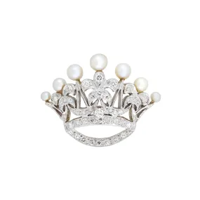 Retro 14kt/Platinum Diamond   Pearl Princess Crown Pendant