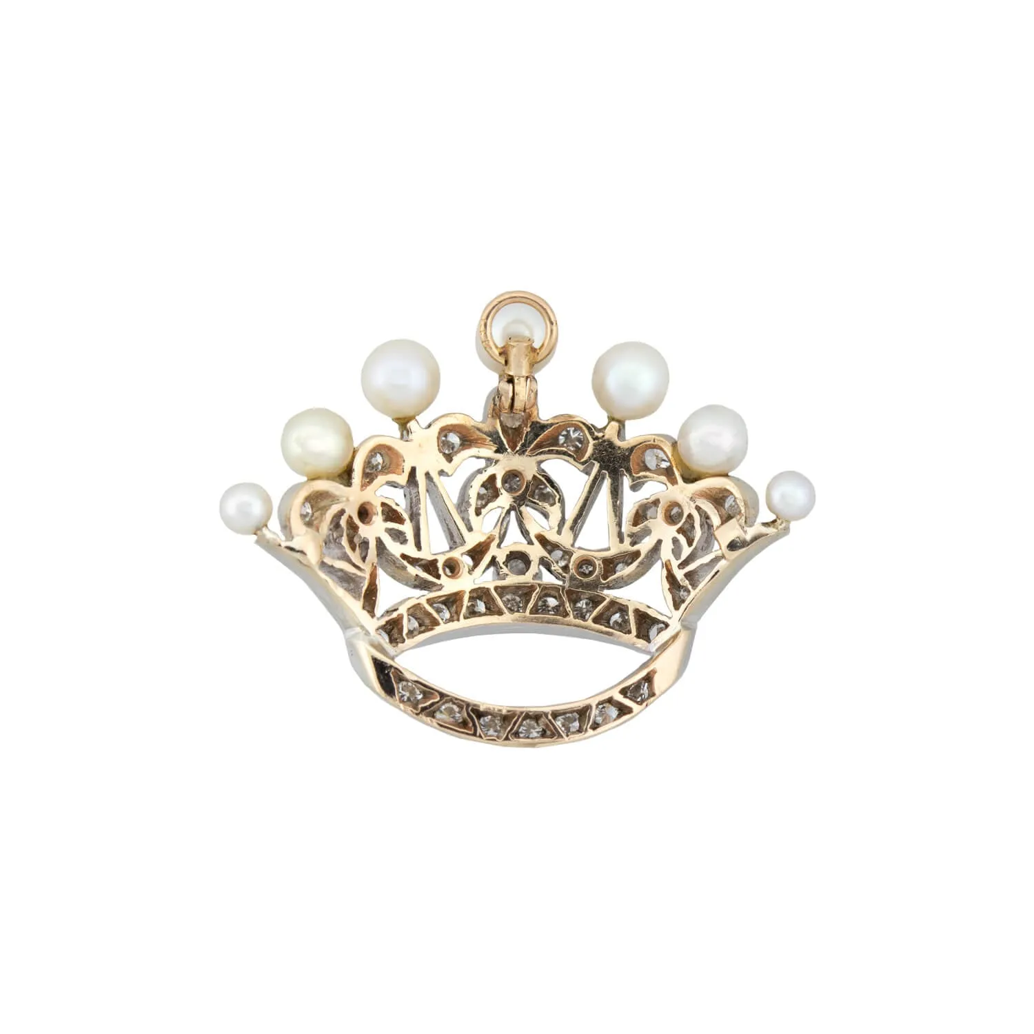 Retro 14kt/Platinum Diamond   Pearl Princess Crown Pendant