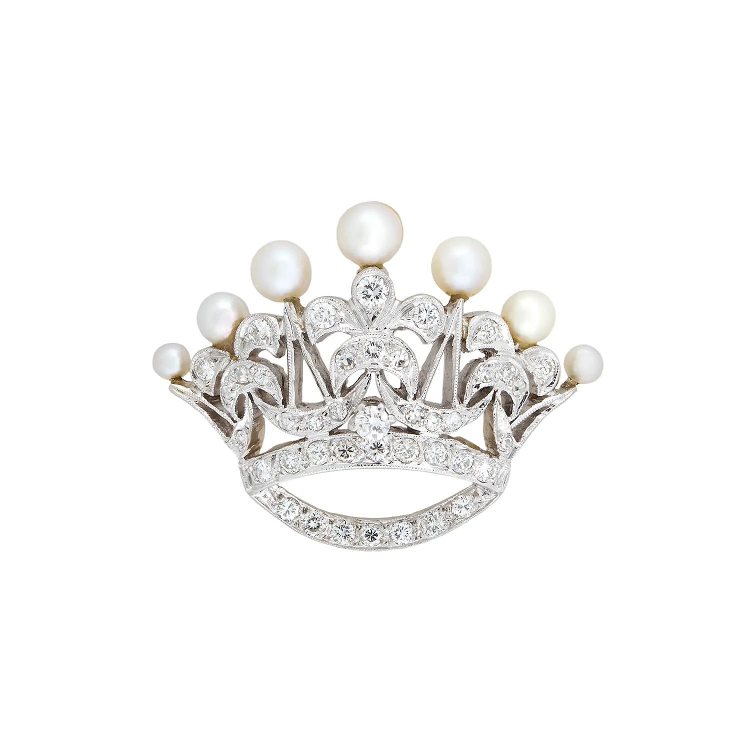 Retro 14kt/Platinum Diamond   Pearl Princess Crown Pendant