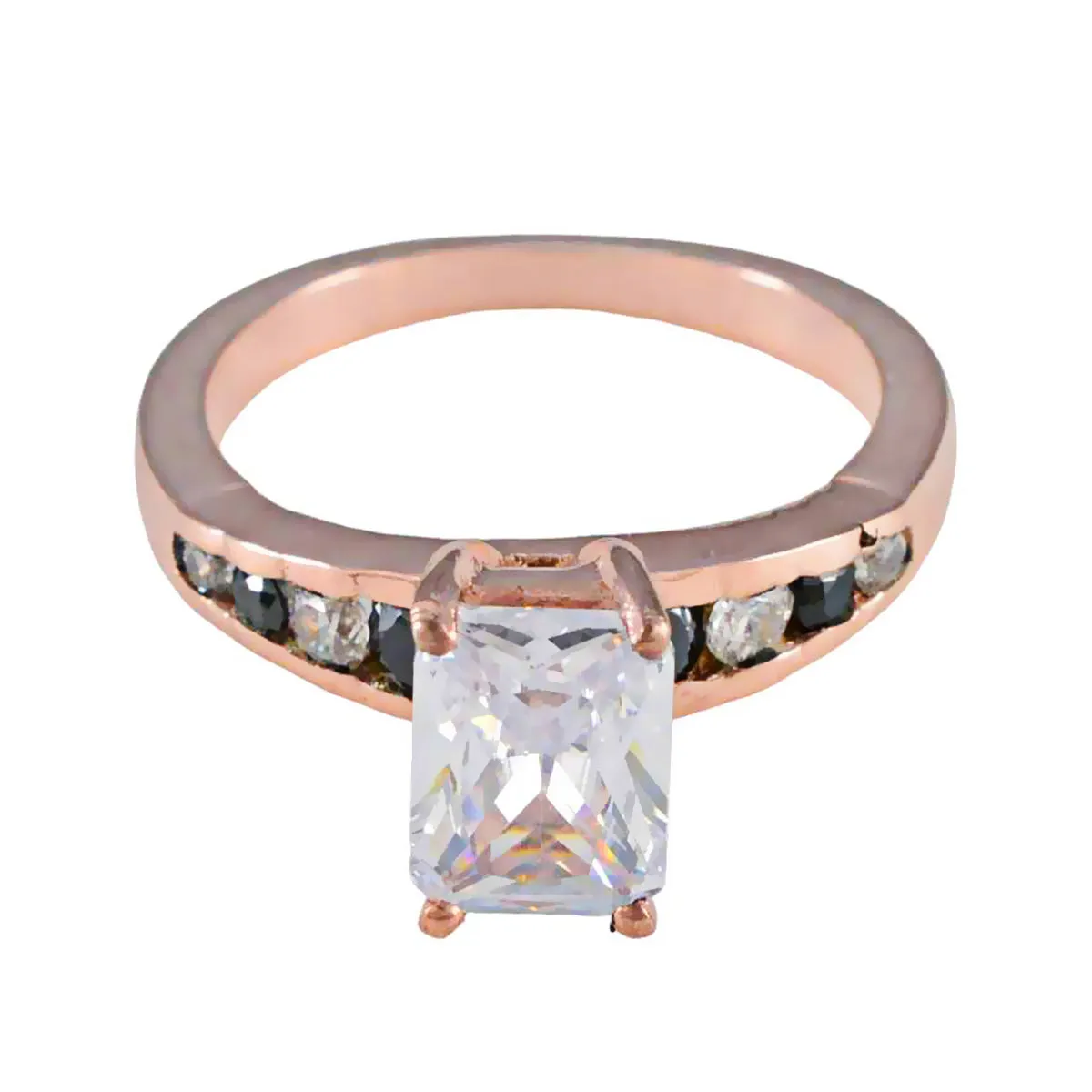 Riyo Adorable Silver Ring With Rose Gold Plating Blue Sapphire Stone Octagon Shape Prong Setting Stylish Jewelry Anniversary Ring