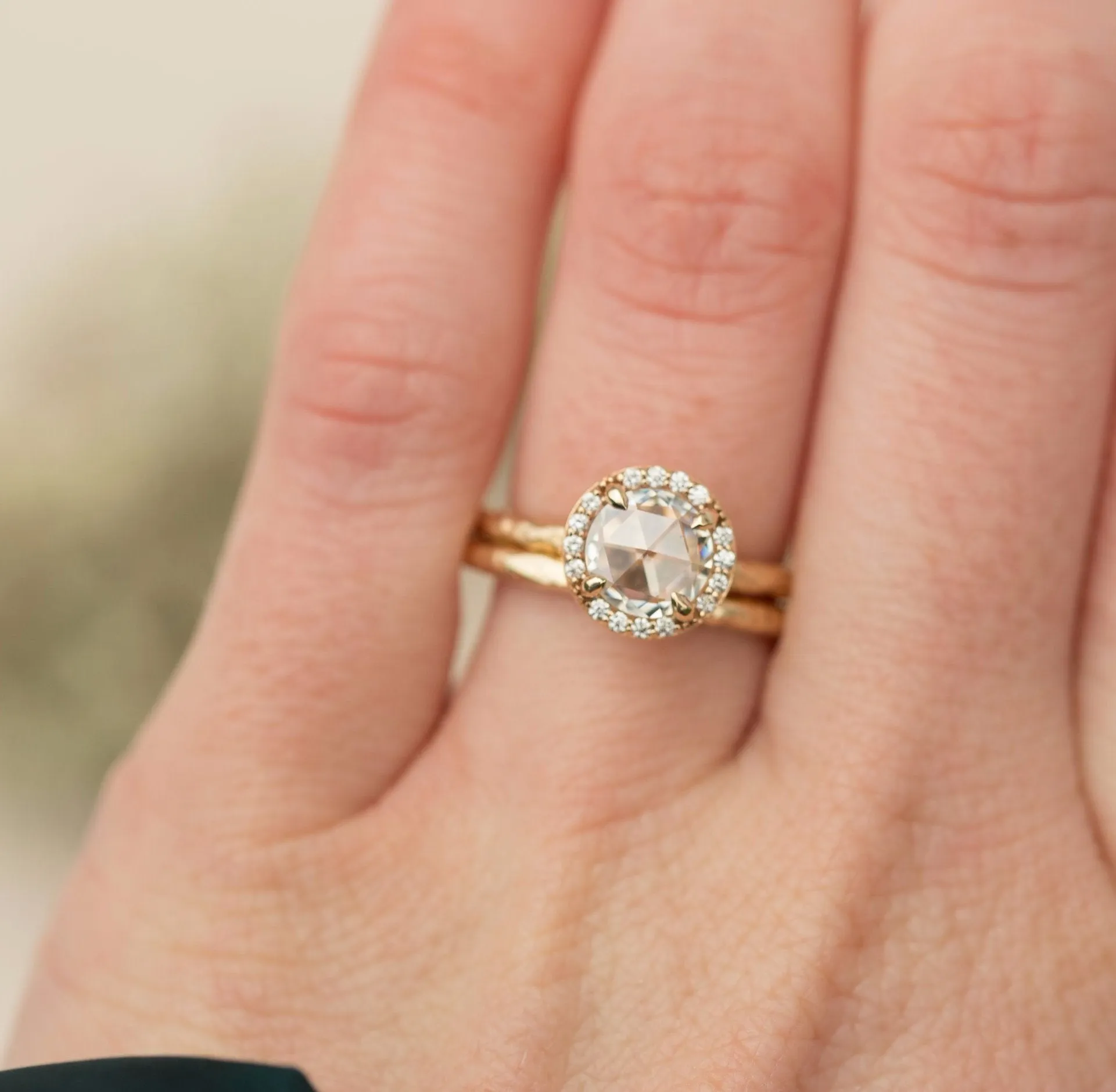 Rosecut Moissanite in Yellow Gold Diamond Halo - Hand Carved Eclectic Band and Antique-inspired setting - Rosecut Engagement Ring by Anueva Jewelry