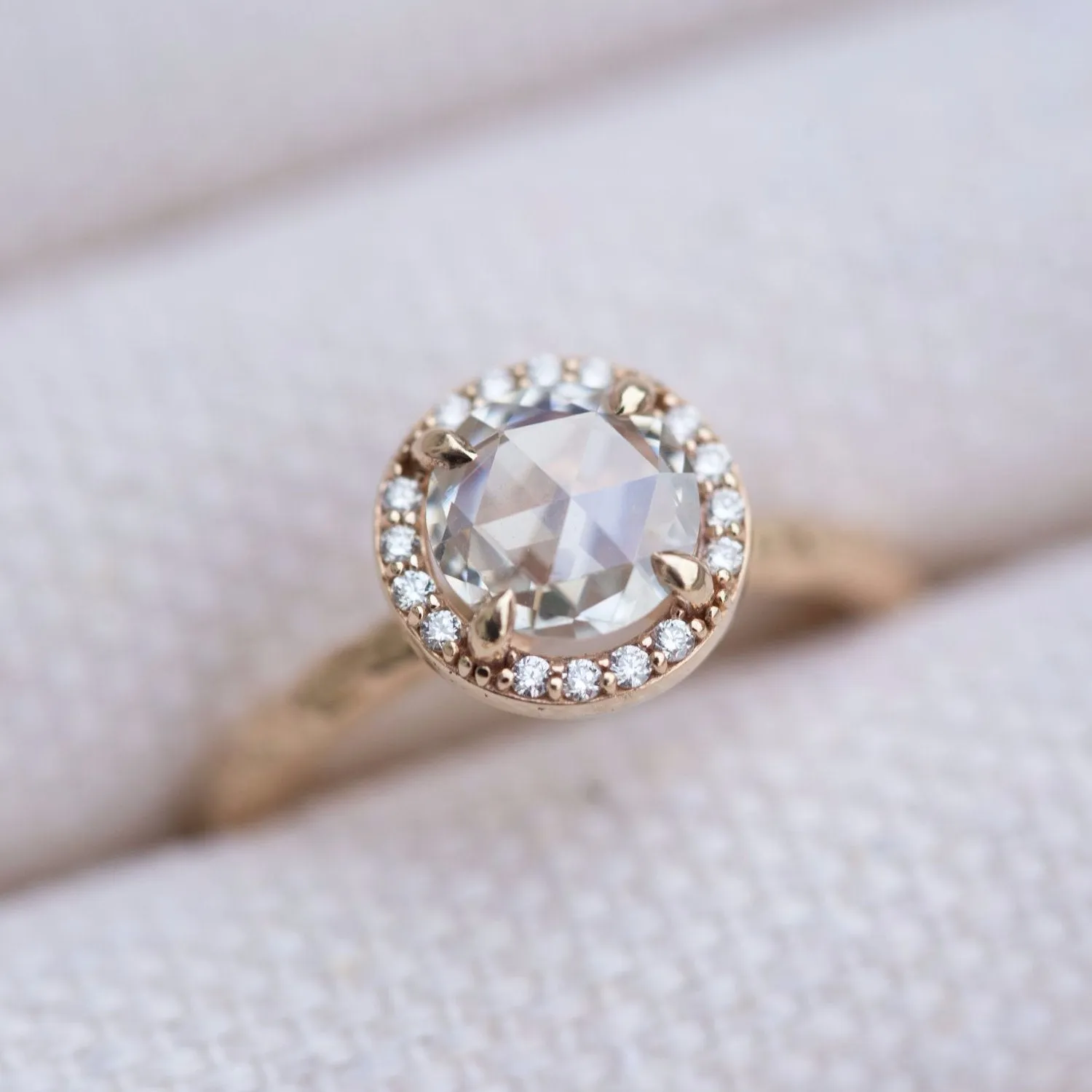 Rosecut Moissanite in Yellow Gold Diamond Halo - Hand Carved Eclectic Band and Antique-inspired setting - Rosecut Engagement Ring by Anueva Jewelry