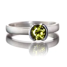 Round Cut Australian Olive Green Sapphire Halley Half-Bezel Solitaire Engagement Ring