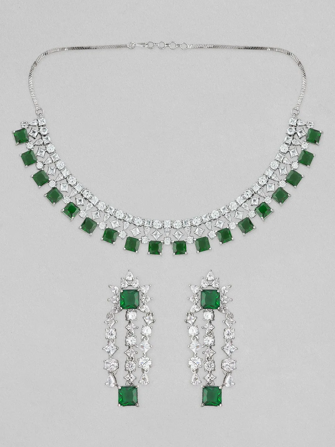 Rubans Silver Plated Necklace Set With American Diamonds And Green Stones.