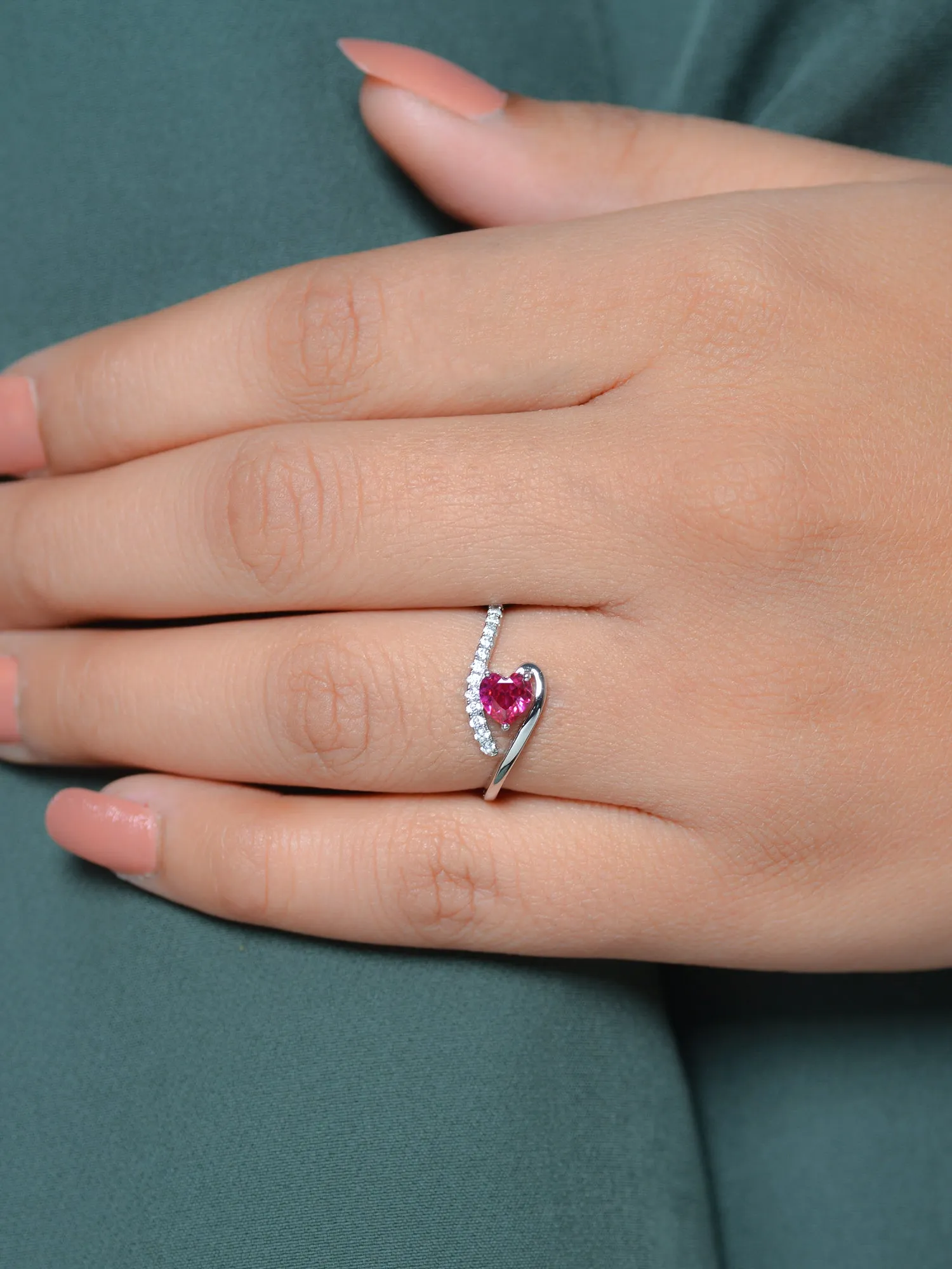 Ruby Heart American Diamond Ring In Silver