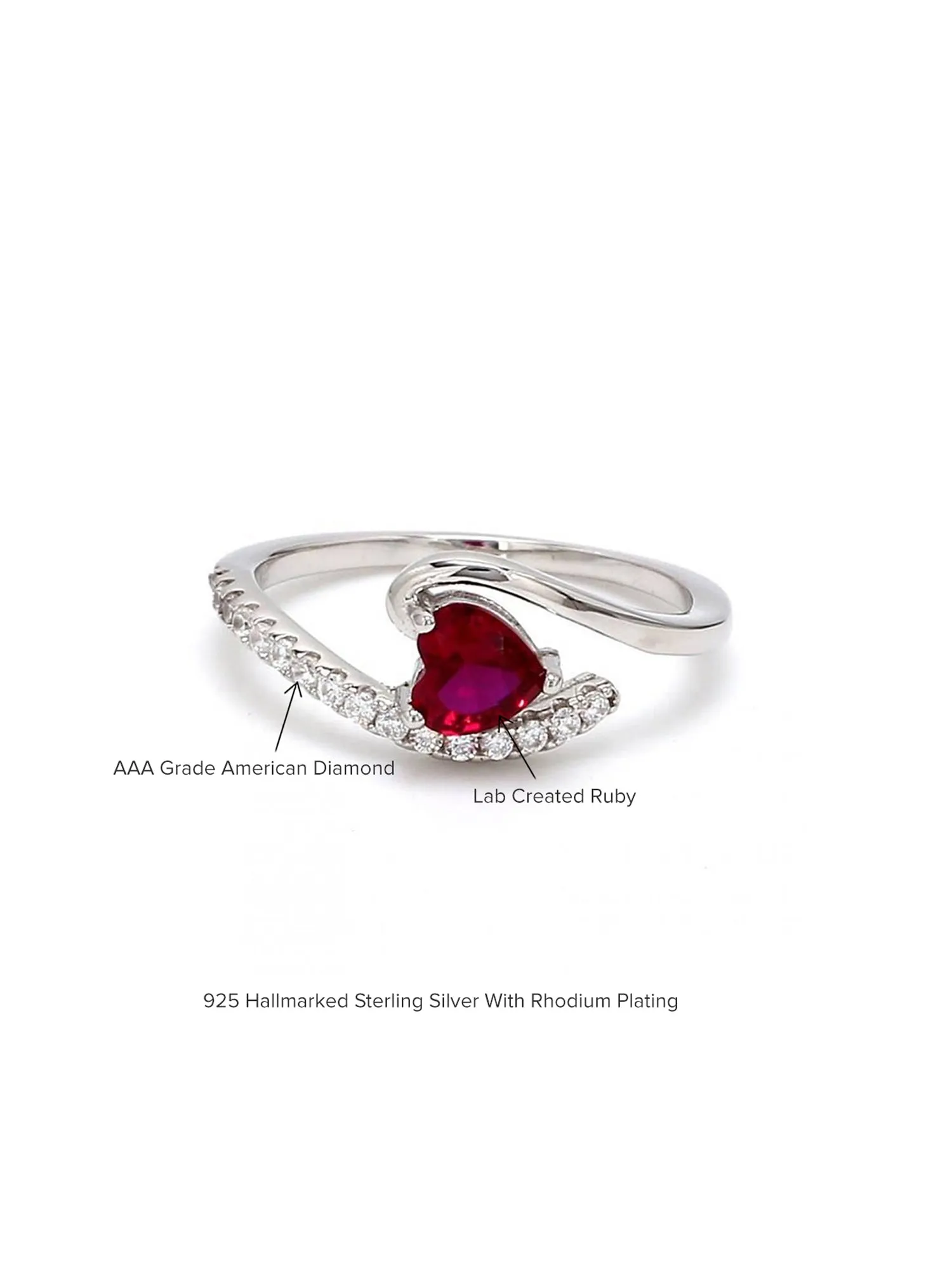 Ruby Heart American Diamond Ring In Silver