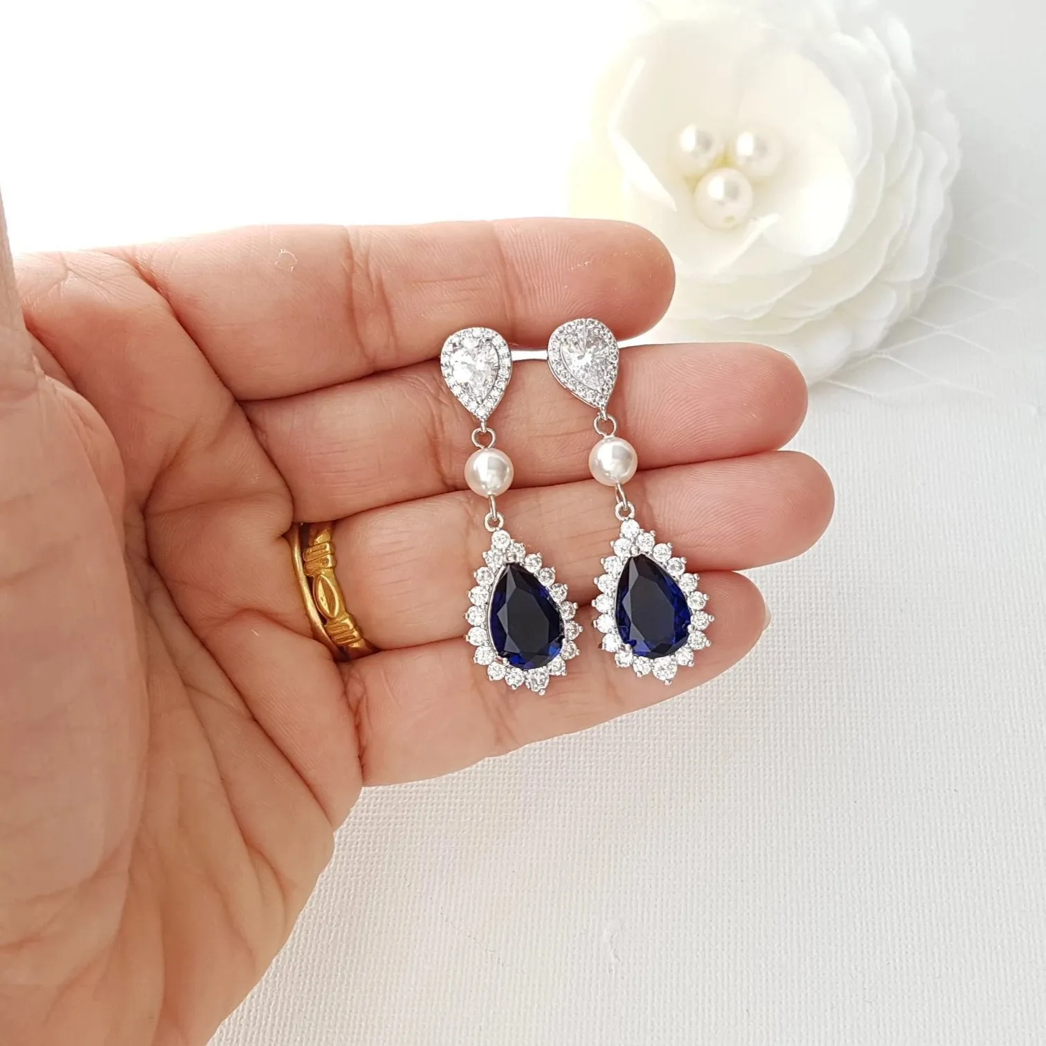 Sapphire Blue Drop Earrings Rose Gold- Aoi