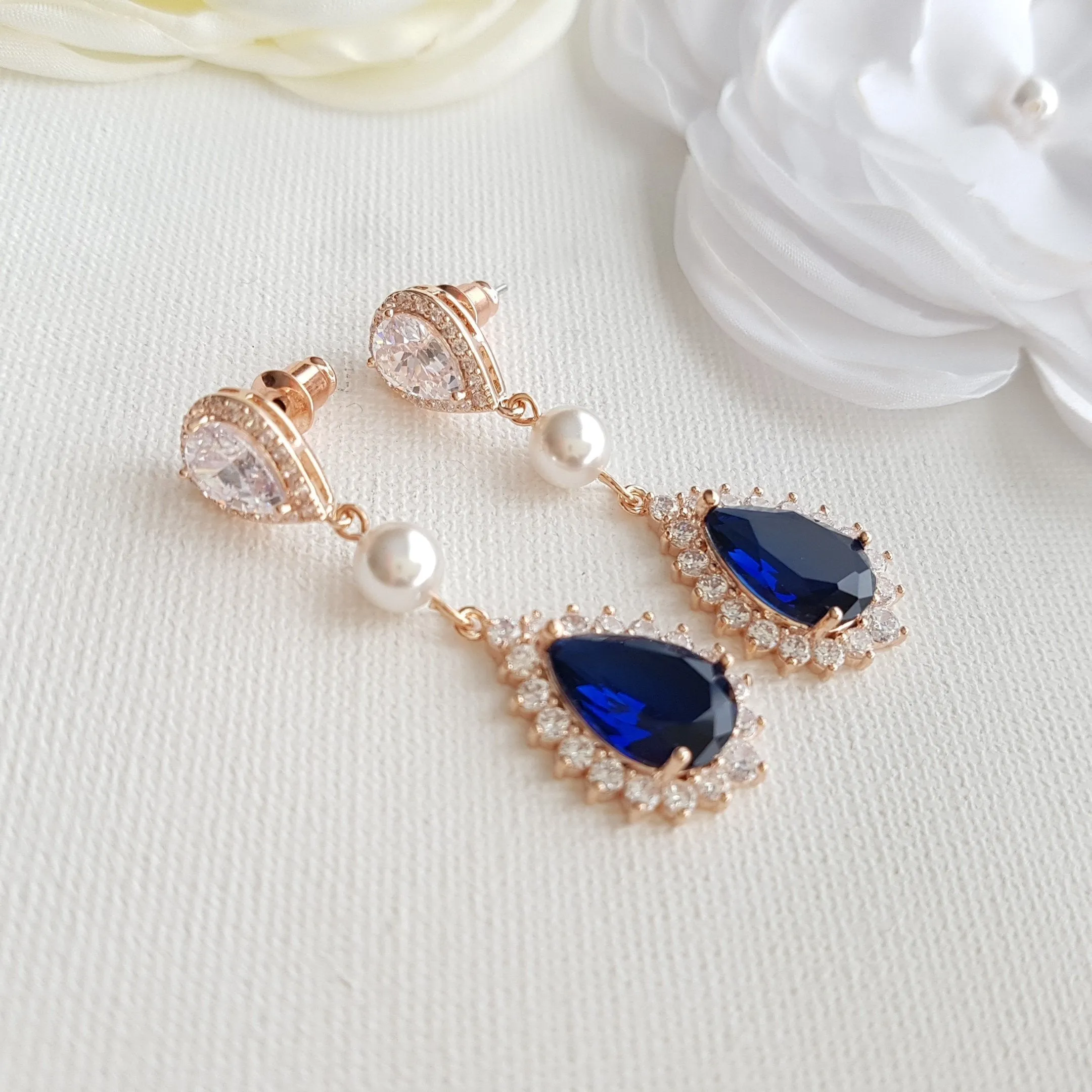 Sapphire Blue Drop Earrings Rose Gold- Aoi