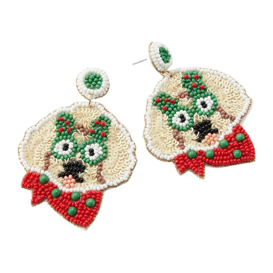 Seed Beaded Christmas Tree Glasses Dog Dangle Earrings