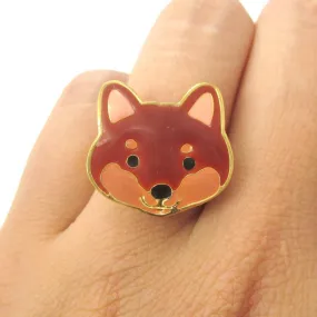 Shiba Inu Puppy Face Shaped Adjustable Animal Ring in Brown | Limited Edition Jewelry