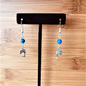 Silver Dolphins and Blue Agate Beaded Earrings