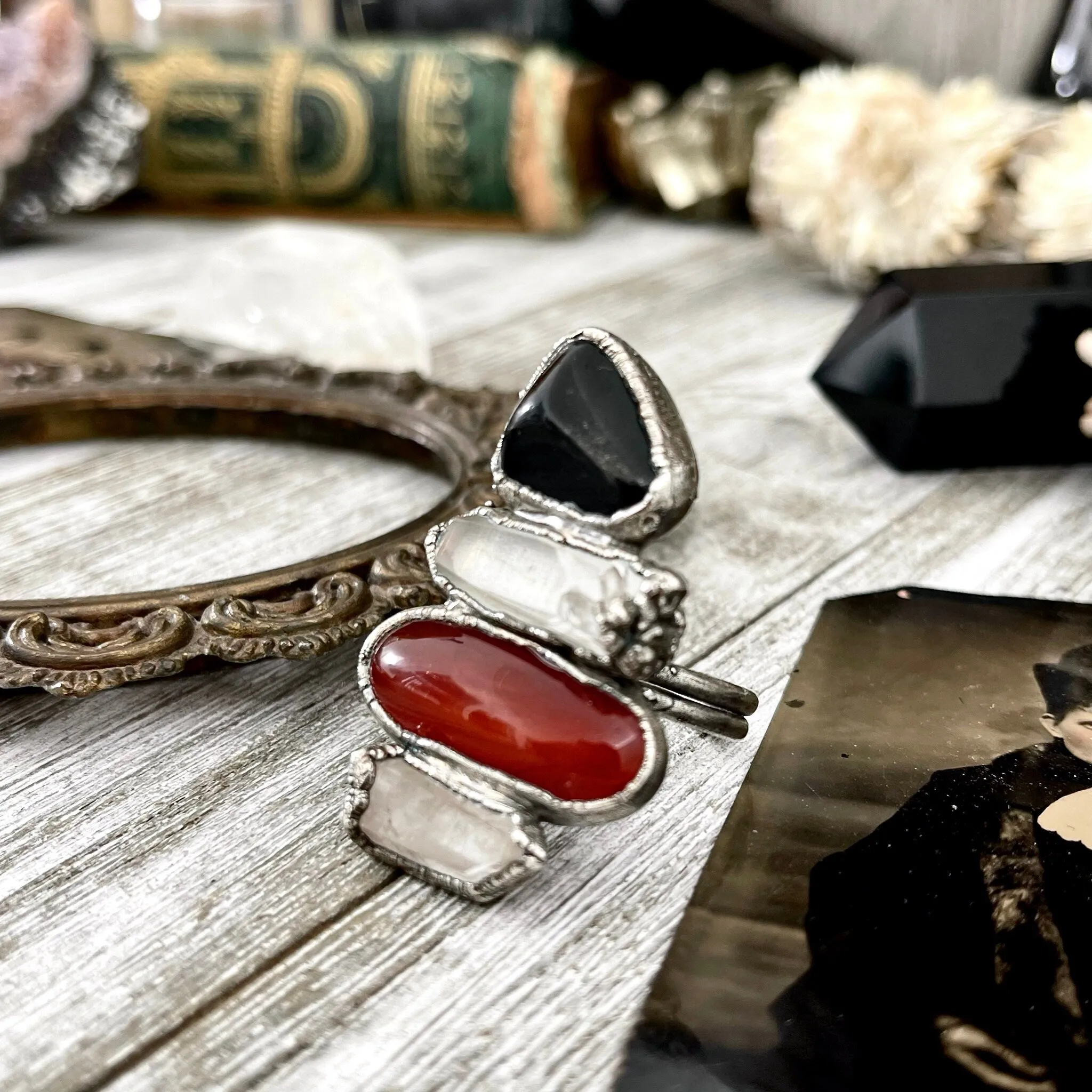 Size 10 Crystal Ring - Four Stone Black Onyx Red Carnelian Clear Quartz Ring In Silver  / Foxlark - One of a Kind /