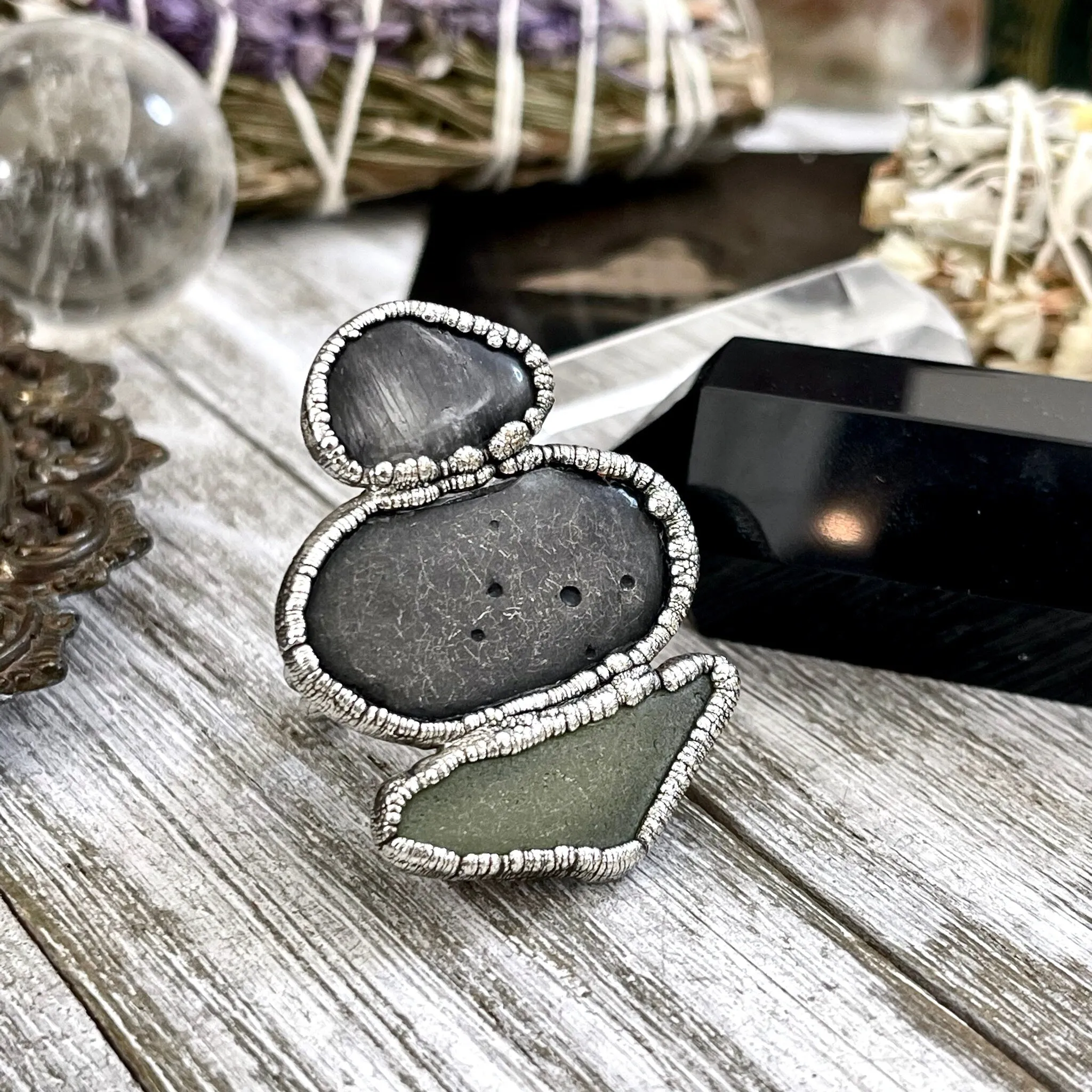 Size 10 Three Stone Ring- Tourmaline Quartz River Rock Sea Glass Crystal Ring Fine Silver / Foxlark Collection - One of a Kind