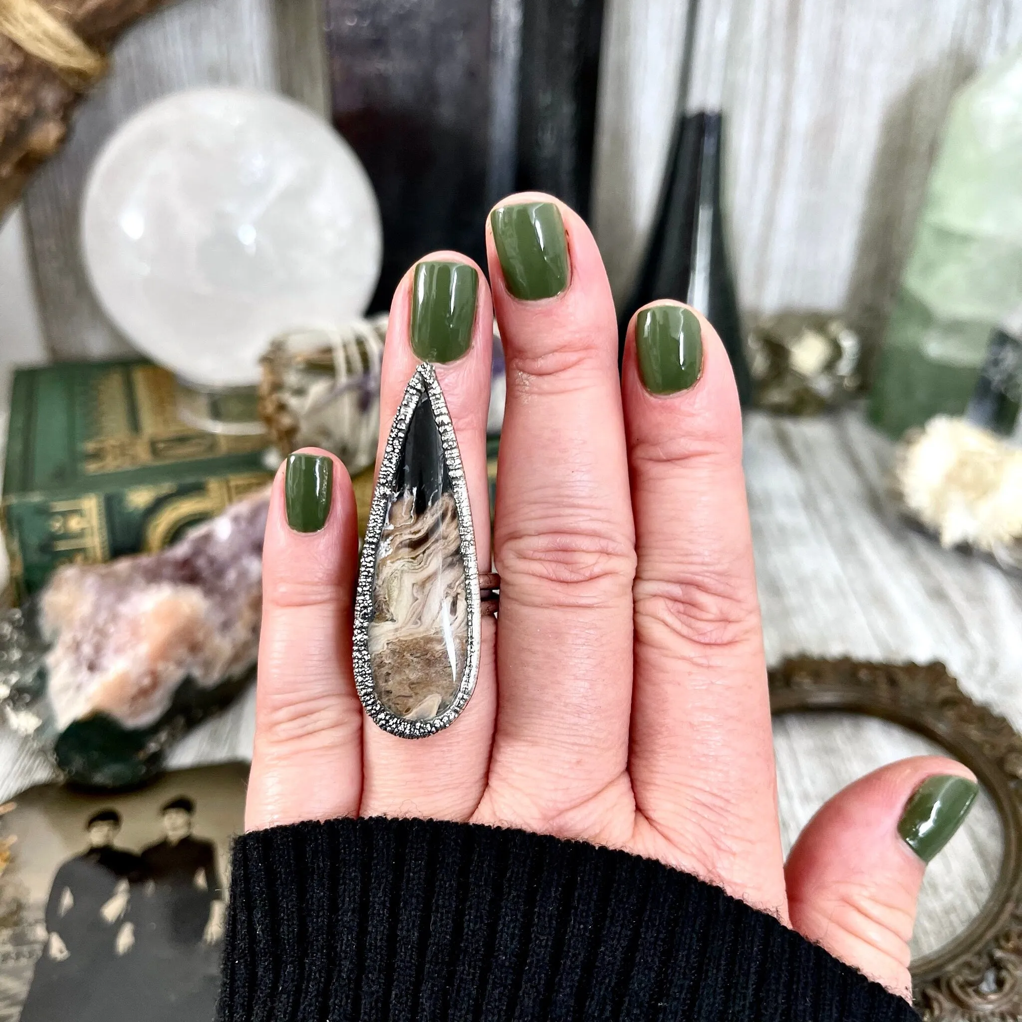 Size 7 Large Fossilized Palm Root Statement Ring in Fine Silver - Black Stone Ring / Foxlark Collection - One of a Kind