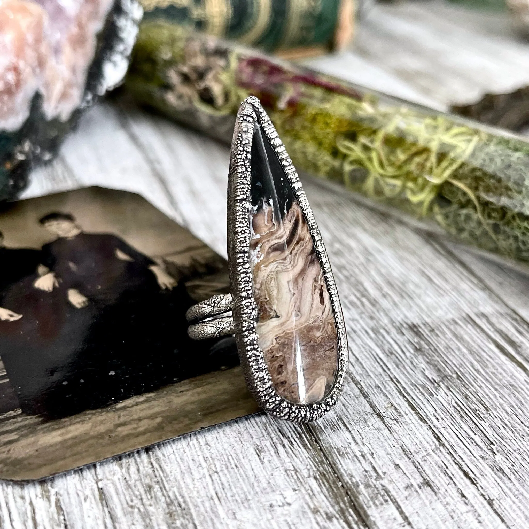 Size 7 Large Fossilized Palm Root Statement Ring in Fine Silver - Black Stone Ring / Foxlark Collection - One of a Kind