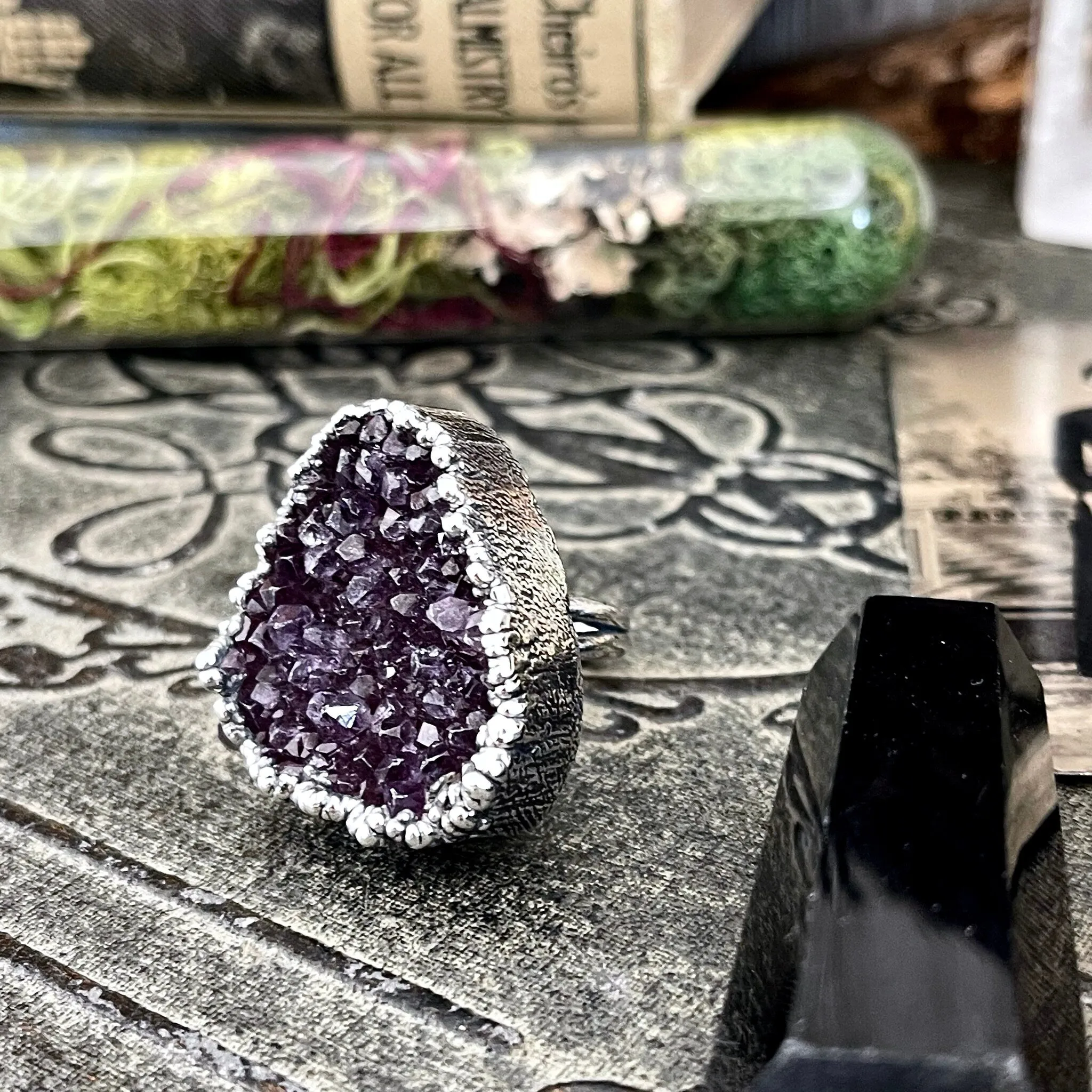 Size 8 Big Raw Amethyst Purple Crystal Ring in Fine Silver / Foxlark Collection - One of a Kind